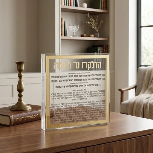 הדלקת נרות חנוכה בלוק אקריליק מסגרת זהב