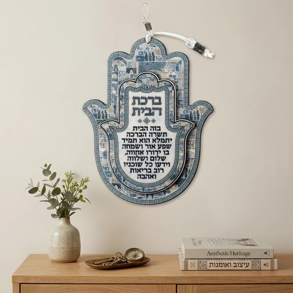 חמסה עץ אפוקסי ברכת הבית עברית גוון כחול 18.5 ס