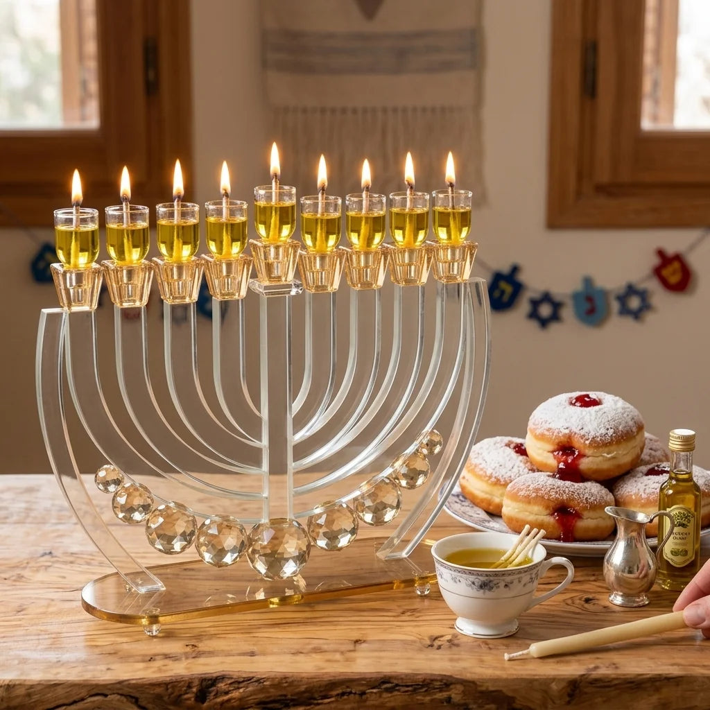 חנוכייה קריסטל עם כדורים זהב
