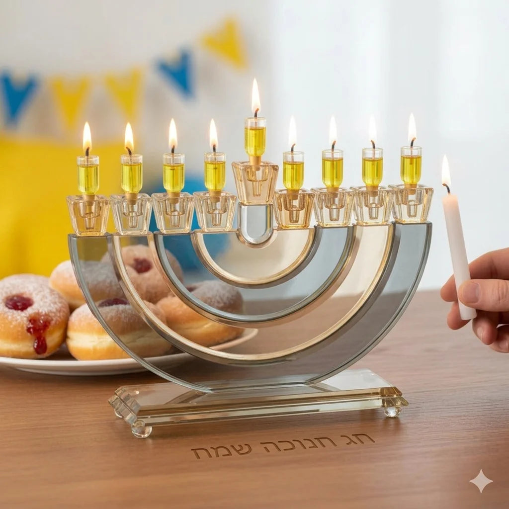 חנוכיה קריסטל גוף פסים חצי עיגול שחור זהב