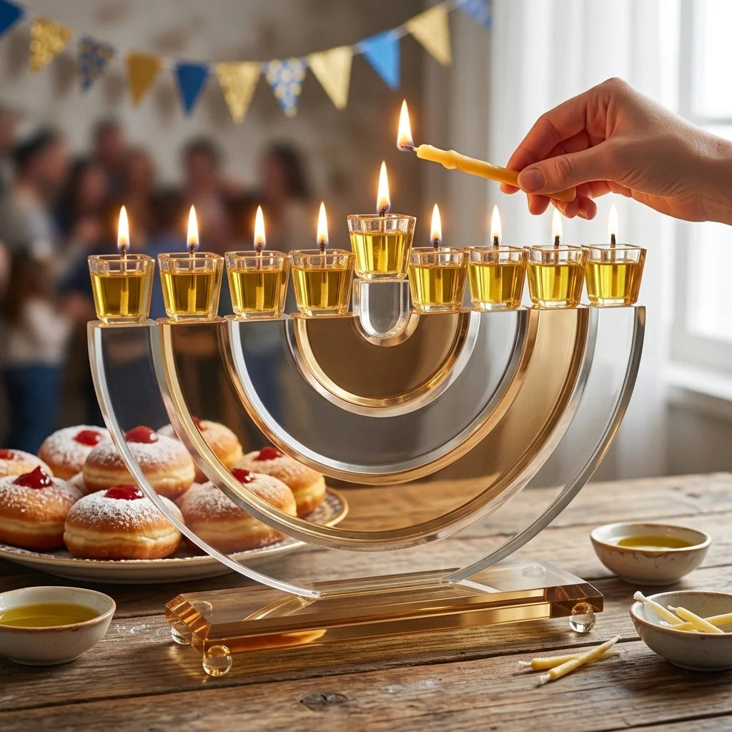חנוכייה קריסטל גוף פסים חצי עיגול שקוף זהב