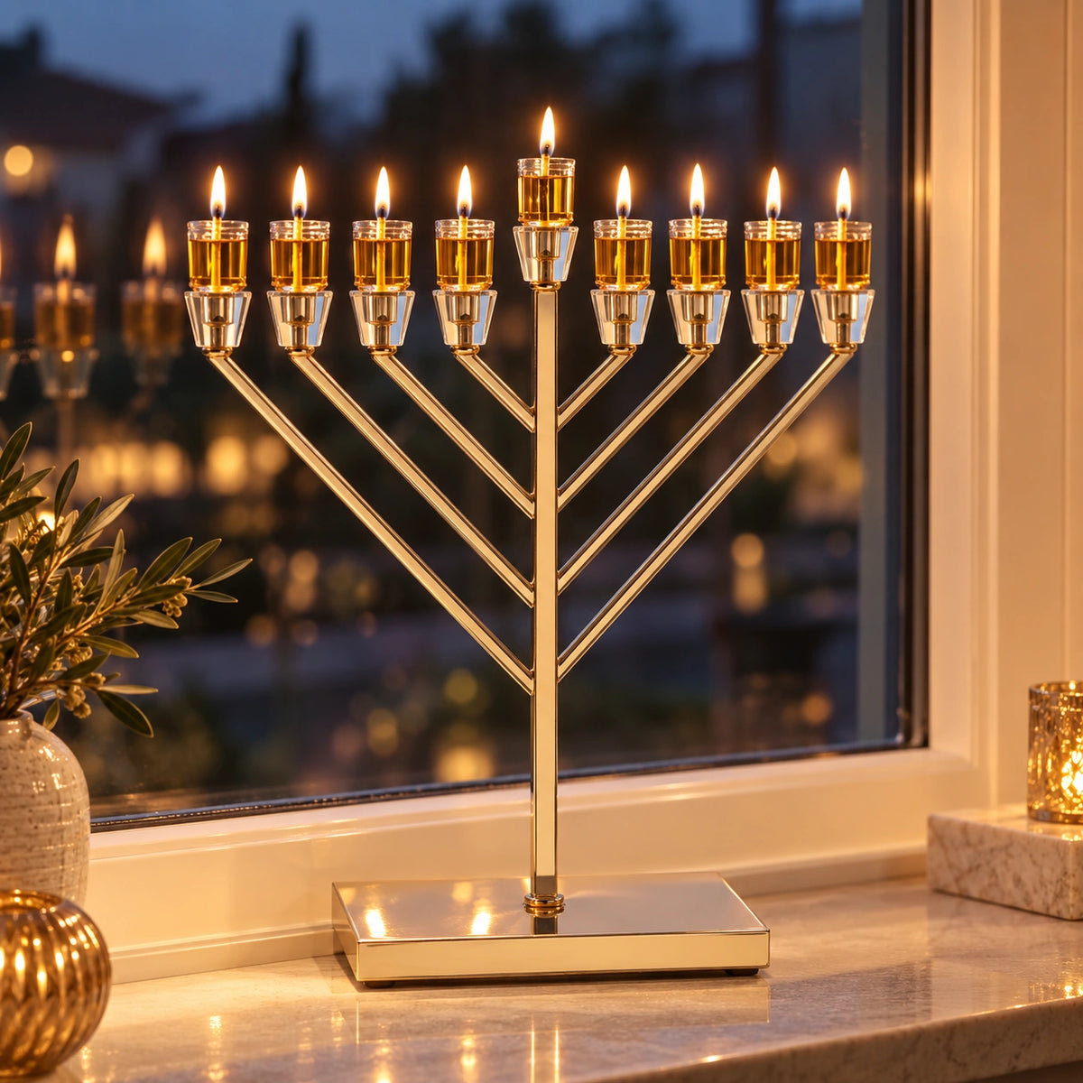 חנוכייה ״אור הזהב״ מתכת ״חבד״ מהודרת ציפוי רוז גולד עם קנים