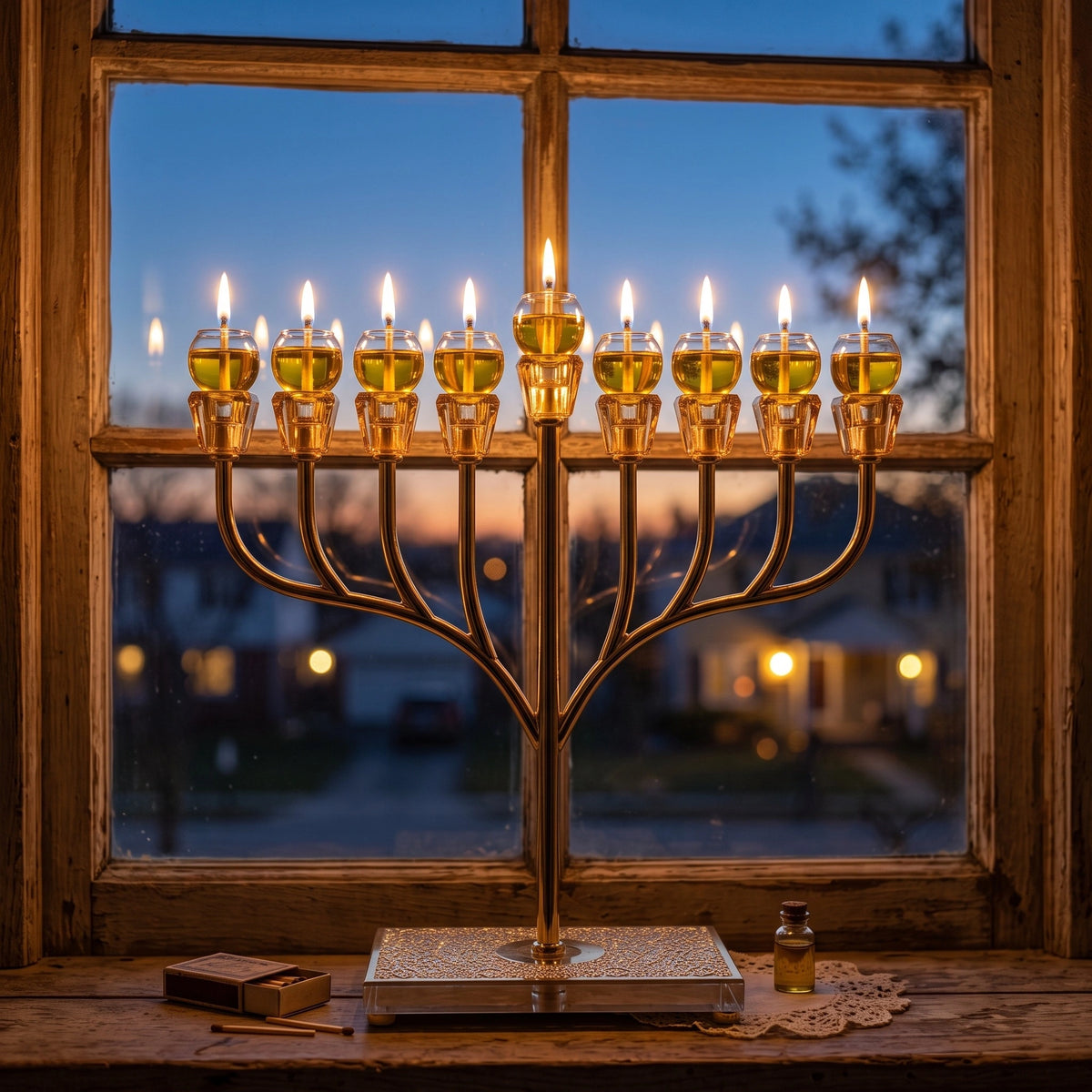 חנוכיה ״אור הזהב״ מתכת זהב עם בסיס קריסטל