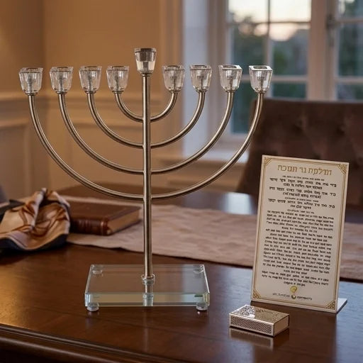 חנוכיה ״אור הזהב״ מתכת כסף עם קנים ובסיס קריסטל