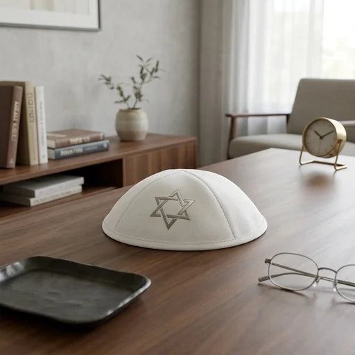 כיפה אולטרא סוויד לבן ״מגן דויד״ כסף ומק