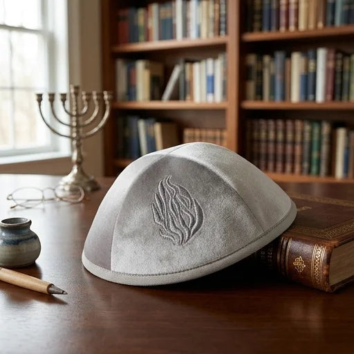 כיפה קטיפה עם ריקמה האש שלי - אפור בהיר