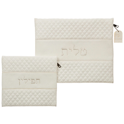 סט טלית תפילין דמוי עור עם ריקמה - לבן